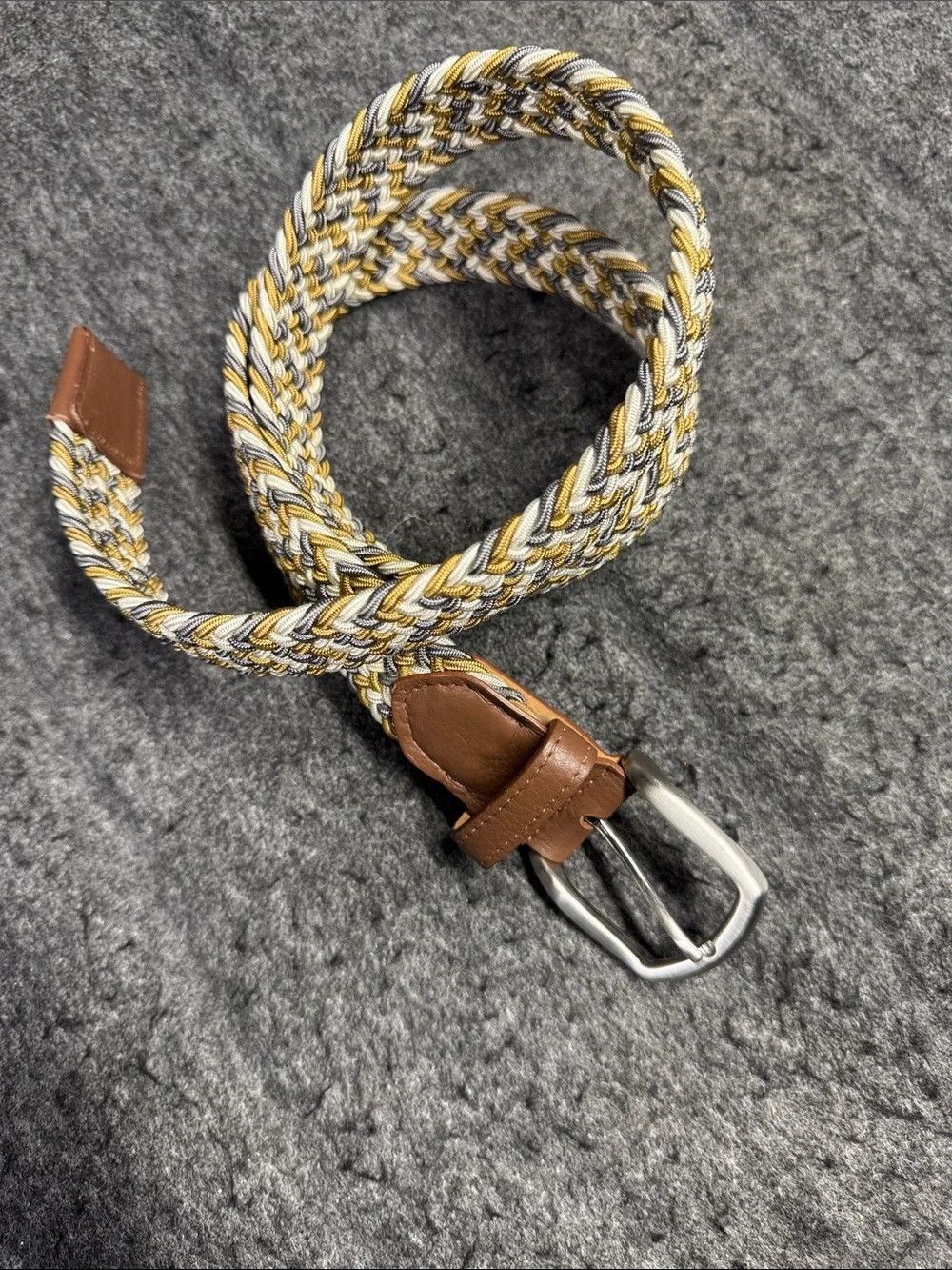 Faherty Woven Braided Elastic Belt in Brown, Gold, and Gray Stretches
